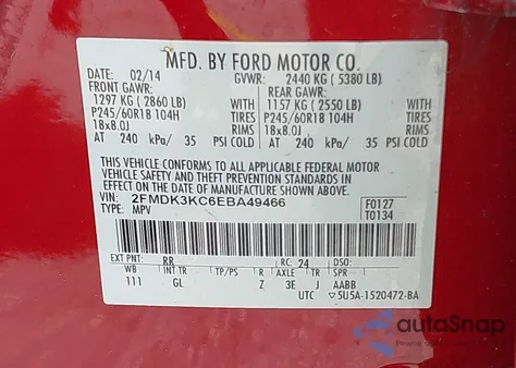 2014 Ford Edge Limited z USA, uszkodzony, nr VIN 2FMDK3KC6EBA49466